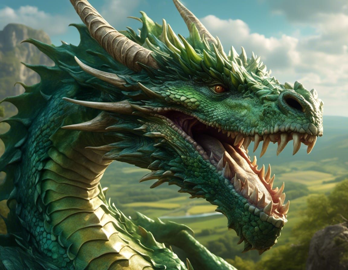 Hyperrealistic Smiling Green Dragon Head in Countryside