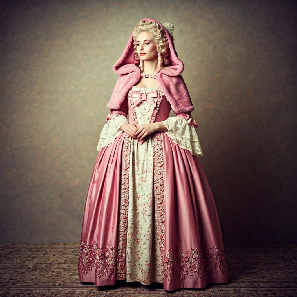 18th centaury pink Rococo Ball Gown with pink cloak and hood