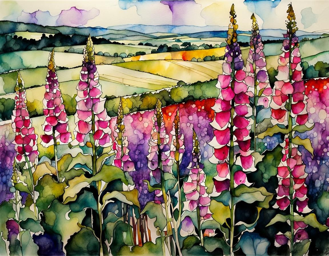 Ethereal Foxglove Field in Expressionist Watercolor Style