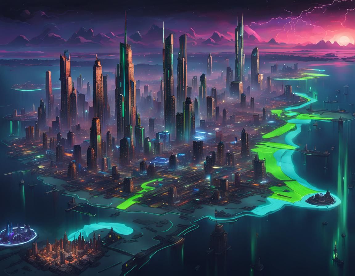 Cyberpunk Water Planet Map in Borderlands Style