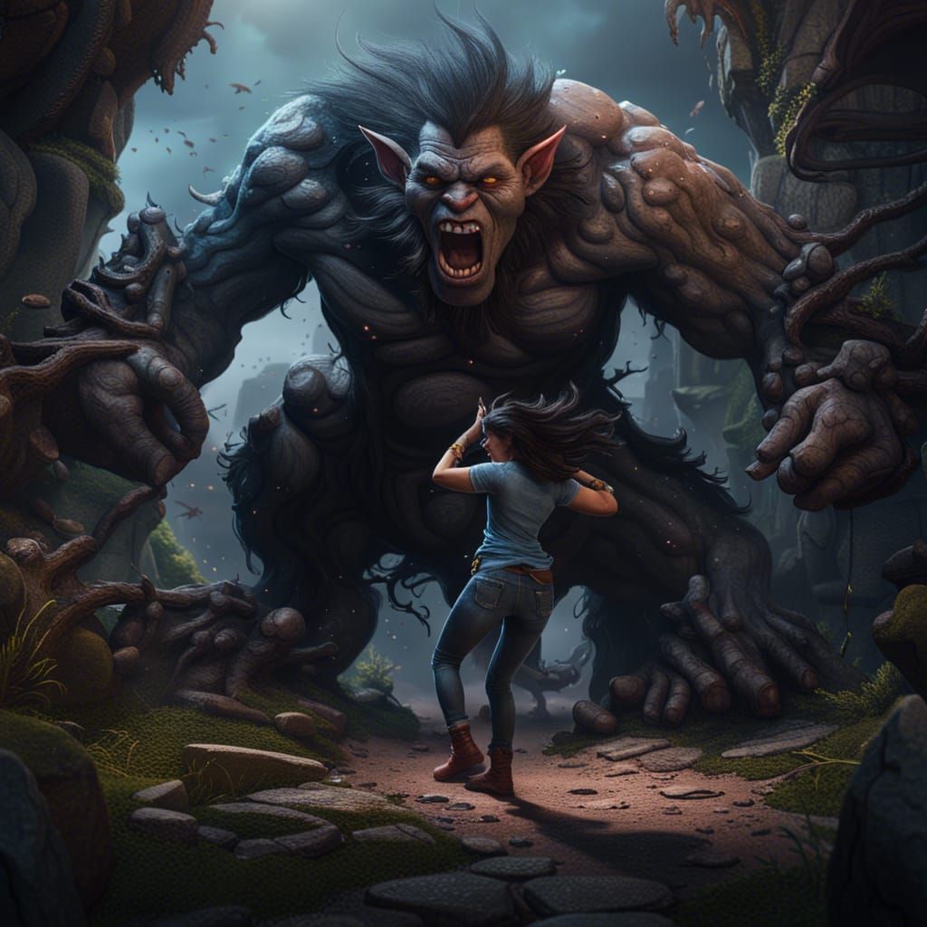 Woman Battles Troll: Detailed Matte Painting