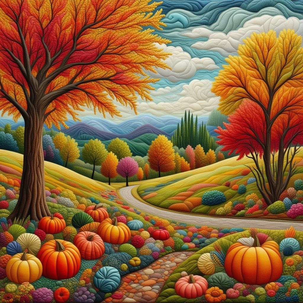Quilted Autumn Landscape with Winding Path