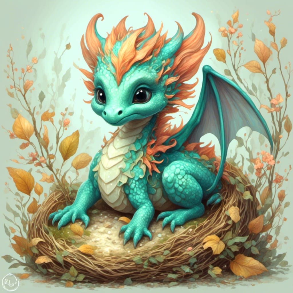 Dragon Hatchling in Nest: Fairytale Digital Painting