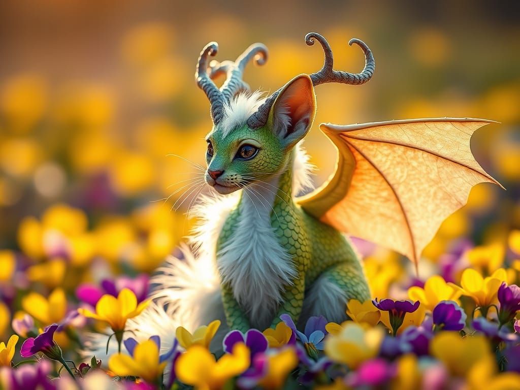 Dreamlike Dragon Cat in Vibrant Spring Garden