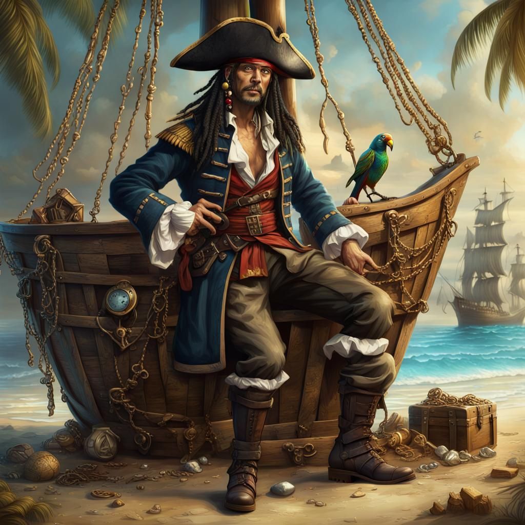 Pirate With Parrot and Treasure Chest on Beach
