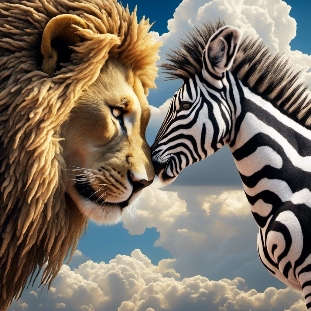 Lion and Zebra Kissing in the Clouds