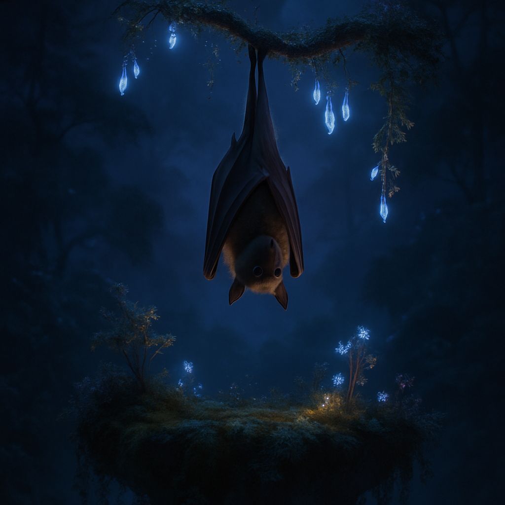 Fruit Bat on Bioluminescent Vine in Ethereal Glow