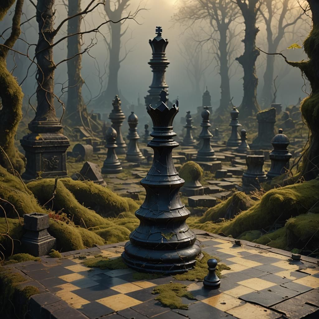 Mystical Chess Piece in Ruined Landscape, Digital Art