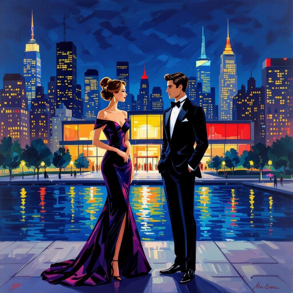 Stylish Couple Meet at MoMA: A Hockney-esque Scene