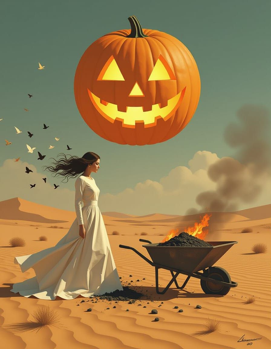 Surreal Desert Scene with Paper Woman and Pumpkin Moon