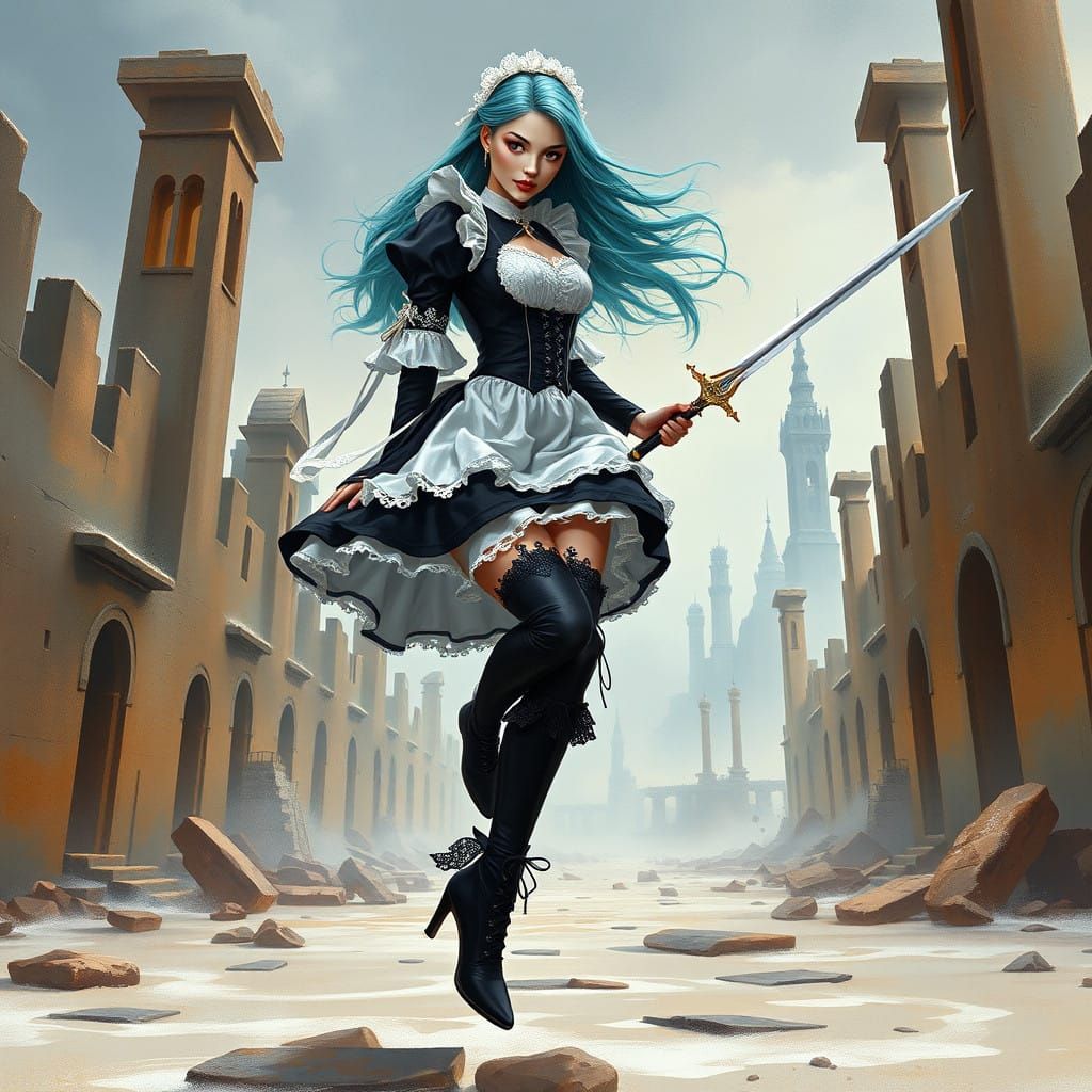 Sensational Maid Warrior in Ruined Cityscape