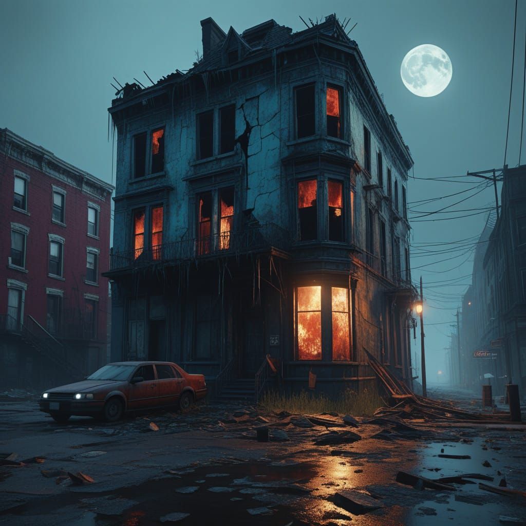 Spectral Figure on Fog-Shrouded Street at Night