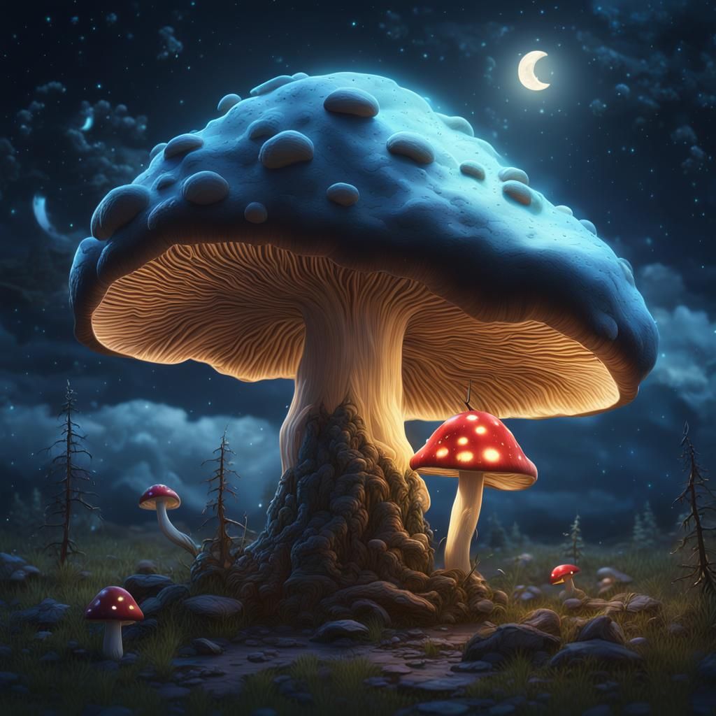 Glowing Mushroom and Lightning Under Night Sky