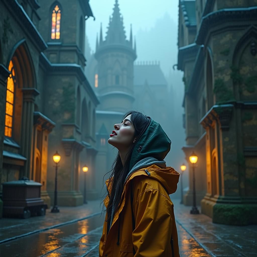 Woman Singing in Rainy Gothic Cityscape