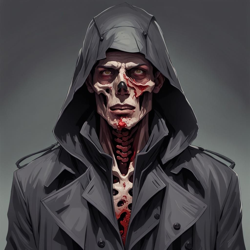 Decomposing Zombie Portrait in Dark Trench Coat