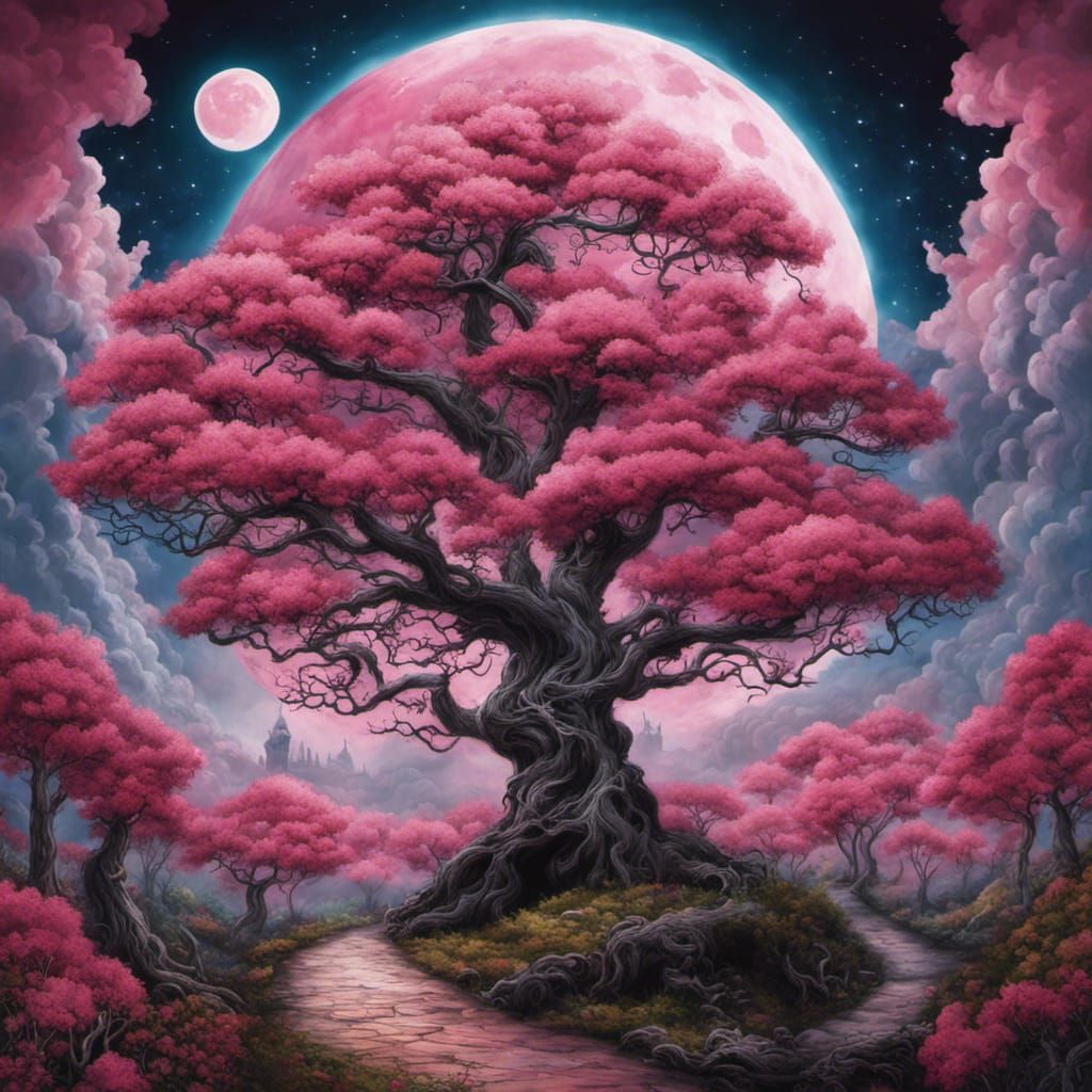 Gothic Methuselah Tree with Pink Moon, Burton Style