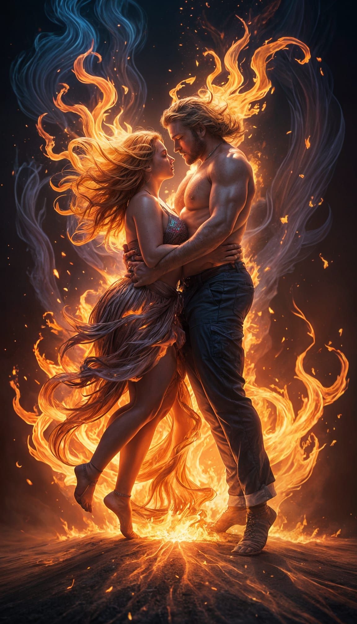 Ethereal Flaming Figures Dancing Above Desert