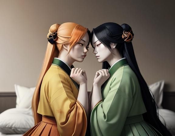 Twin Kitsune Kissing: Manga-Inspired Concept Art