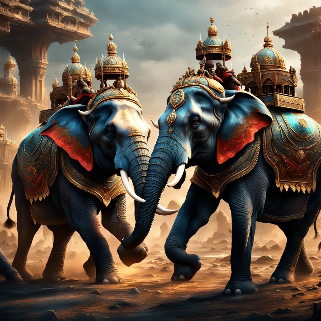 Elephants Dancing in Battle Gear: Detailed Matte Painting