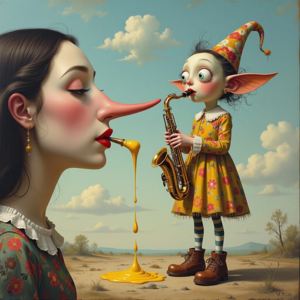 Surreal Woman and Creature in Ethereal Sky Painting