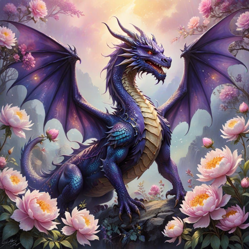 Whimsical Fantasy Dragon Offers Exquisite Peonies