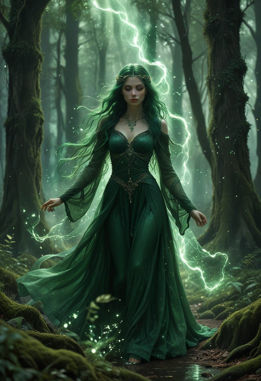 Serene Sorceress in Vibrant Green Lightning Illuminated Fore...