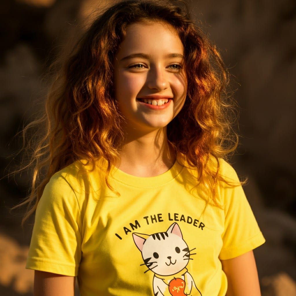 Happy Girl in Cat Shirt: Hyperrealistic Portrait