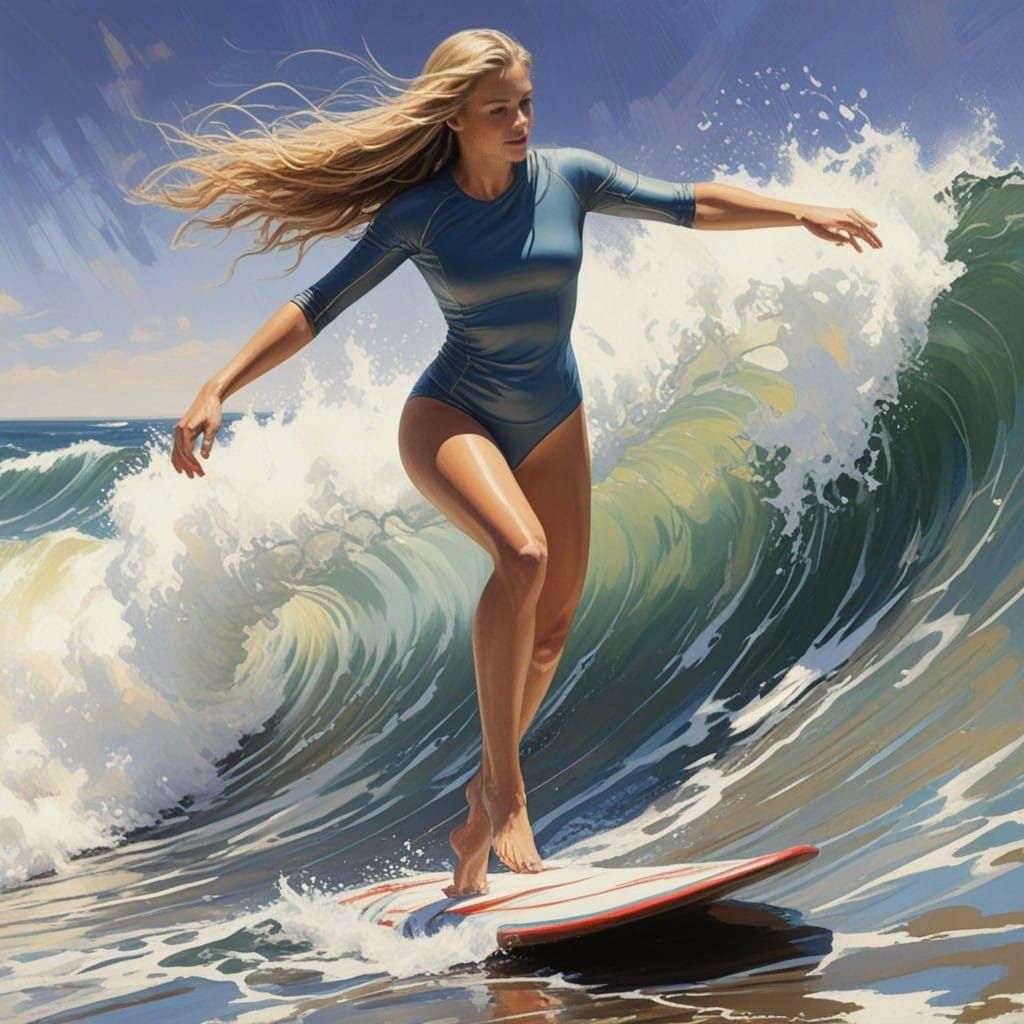 Glowing Waves Radiant Young Woman in Impressionist Style