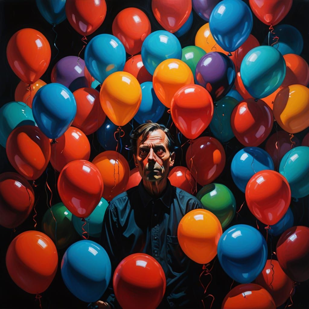 Eerie Dream: Person Surrounded by Twisted Balloons