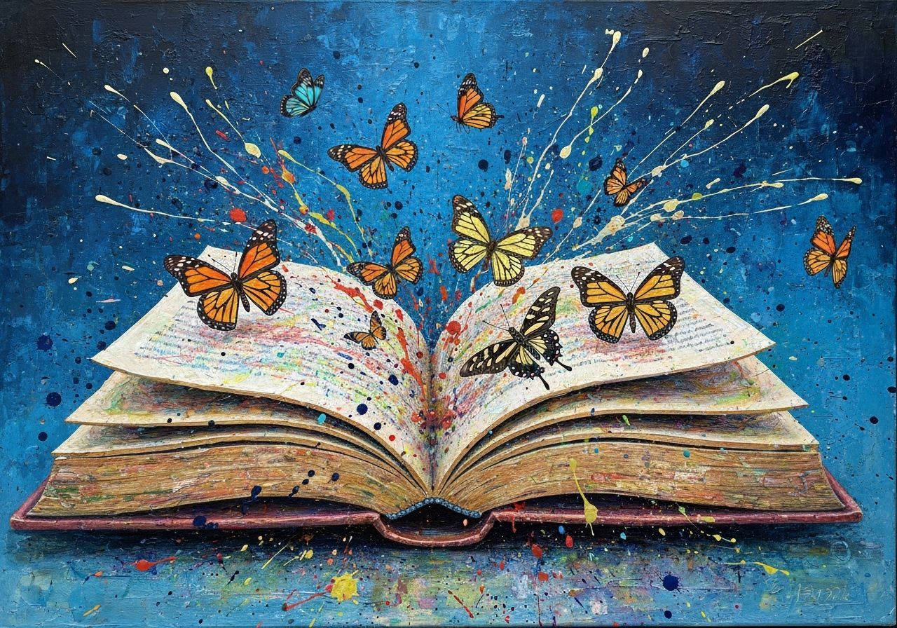 Colorful Butterflies Emerge from Book, Mixed Media Painting