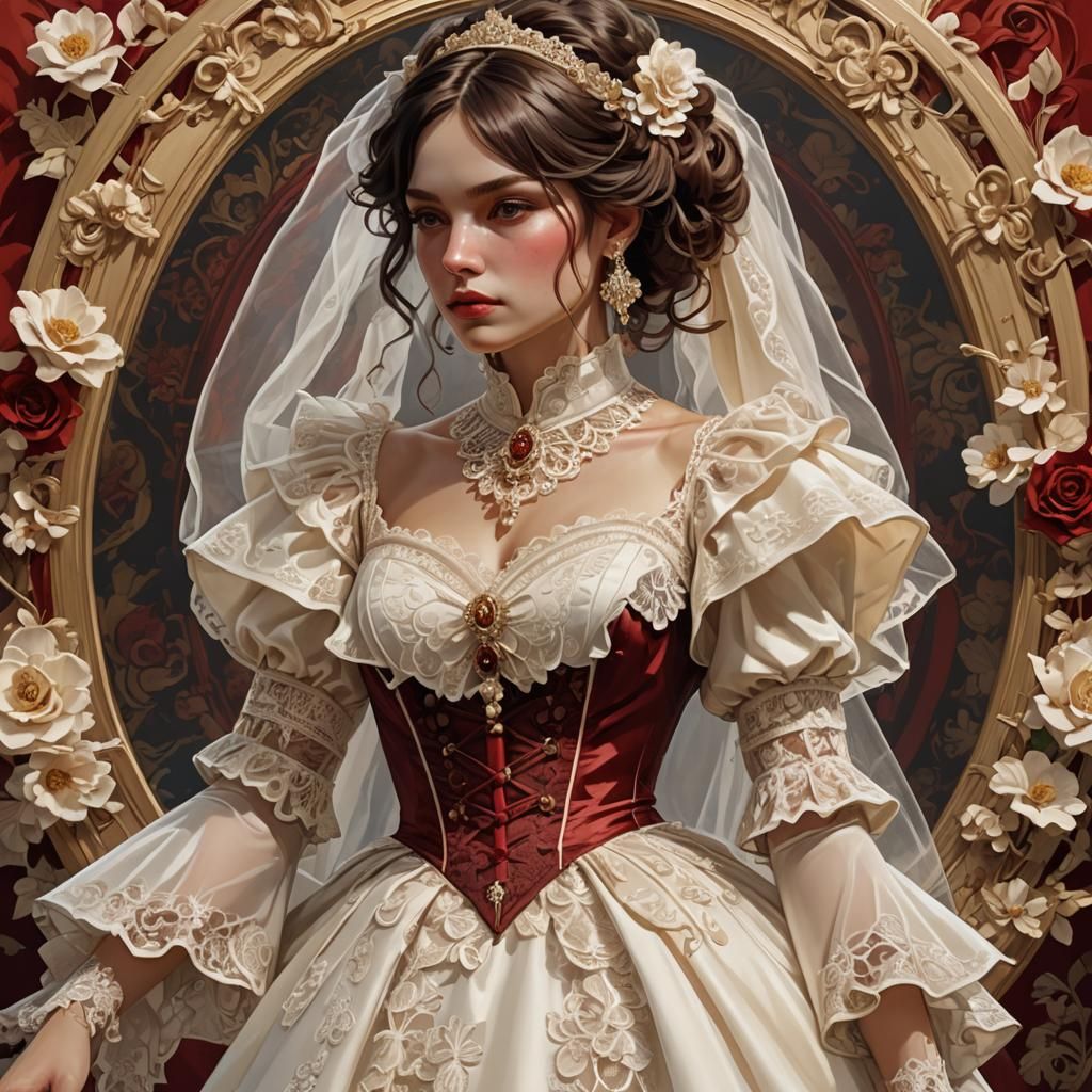 Cream Lace Wedding Dress Portrait in Hyperdetailed Style