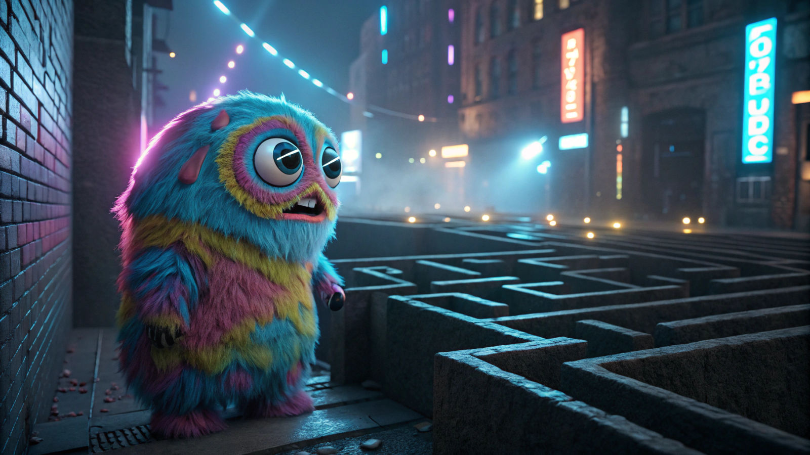 Candy Monster Lost in Neon Maze, Cyberpunk Art