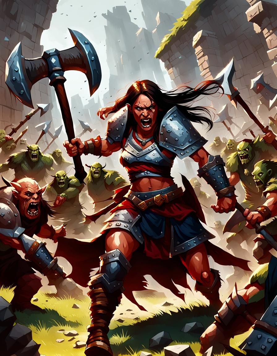 Barbarian Warrior Charges Orc Horde