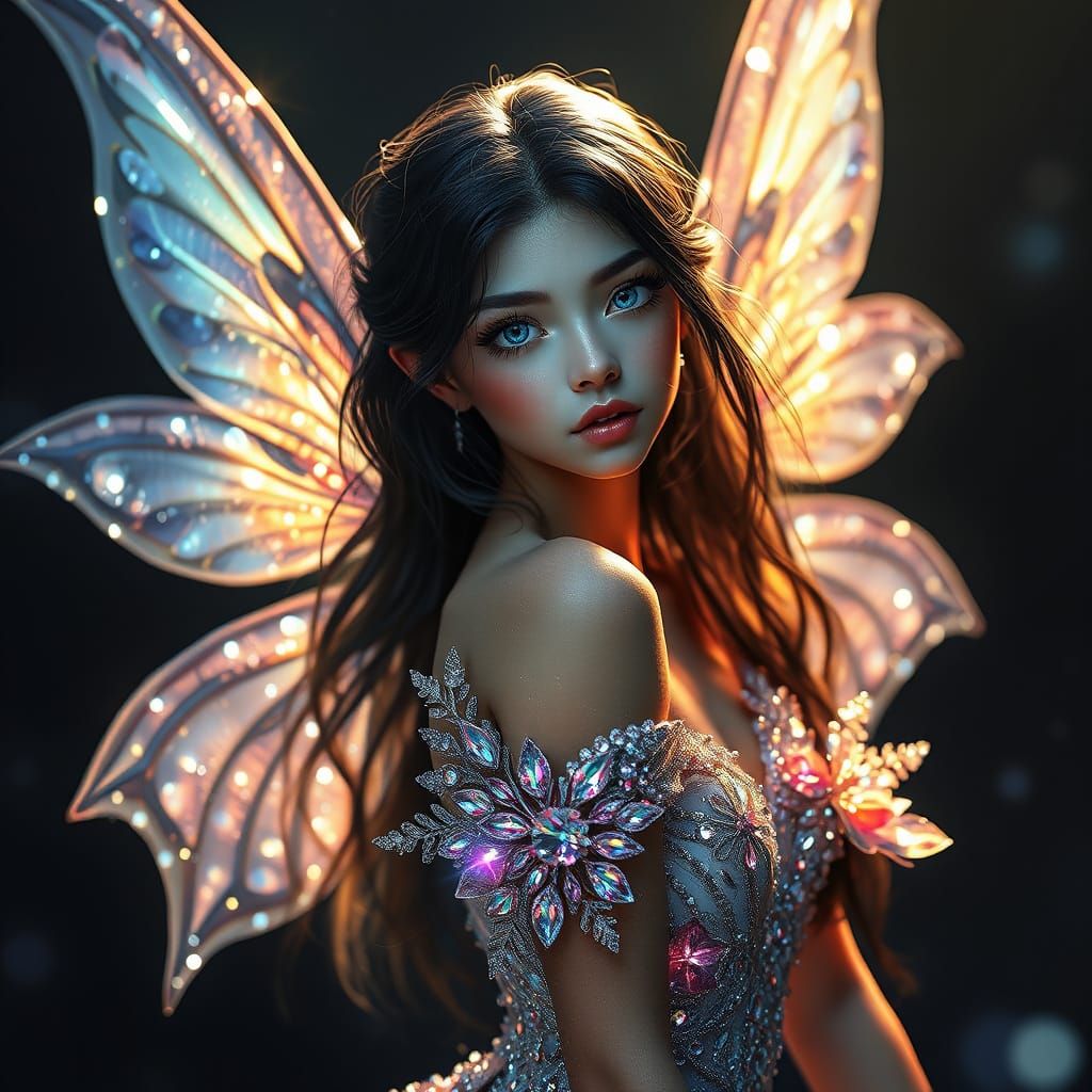 Ethereal Fairy Goddess in Iridescent Crystal Gown