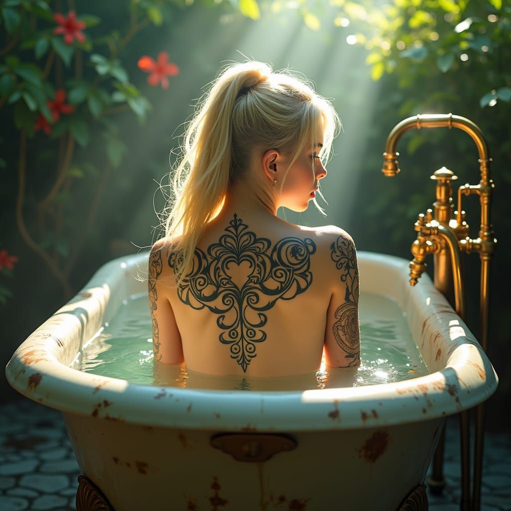Tattooed Woman in Ornate Bathtub: Fantasy Art