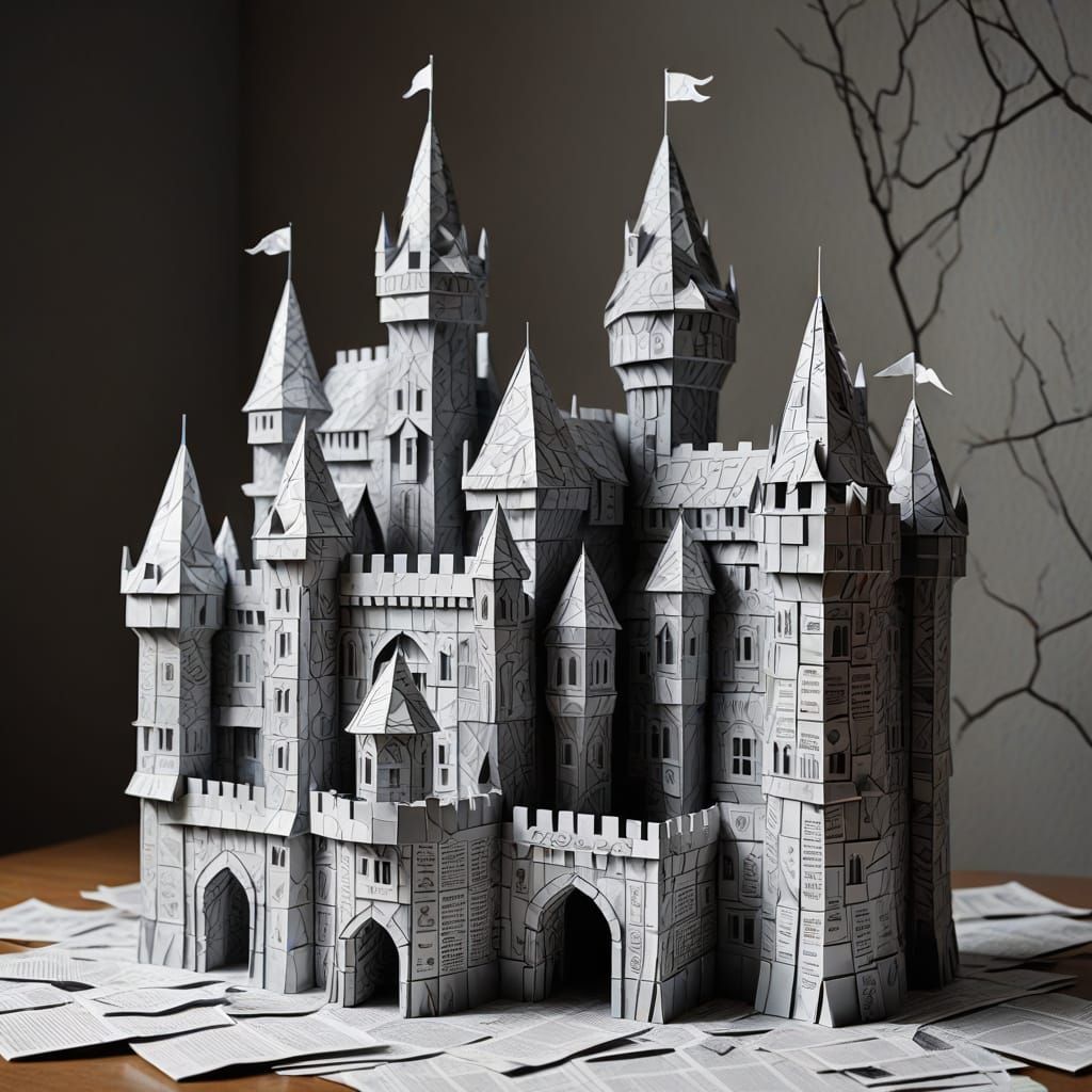 Castle Crafted from Newspaper in Origami Style