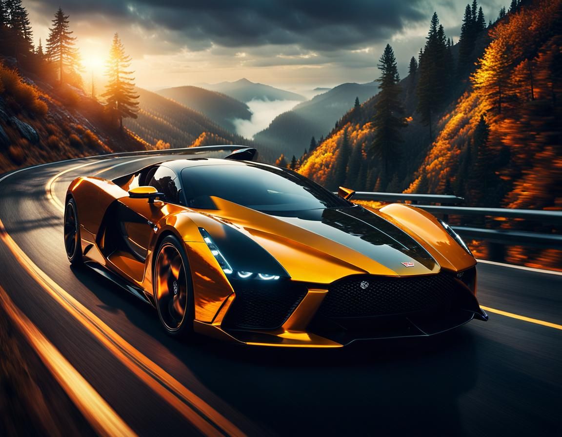 Sleek Supercar on Mountain Road in Golden Hour