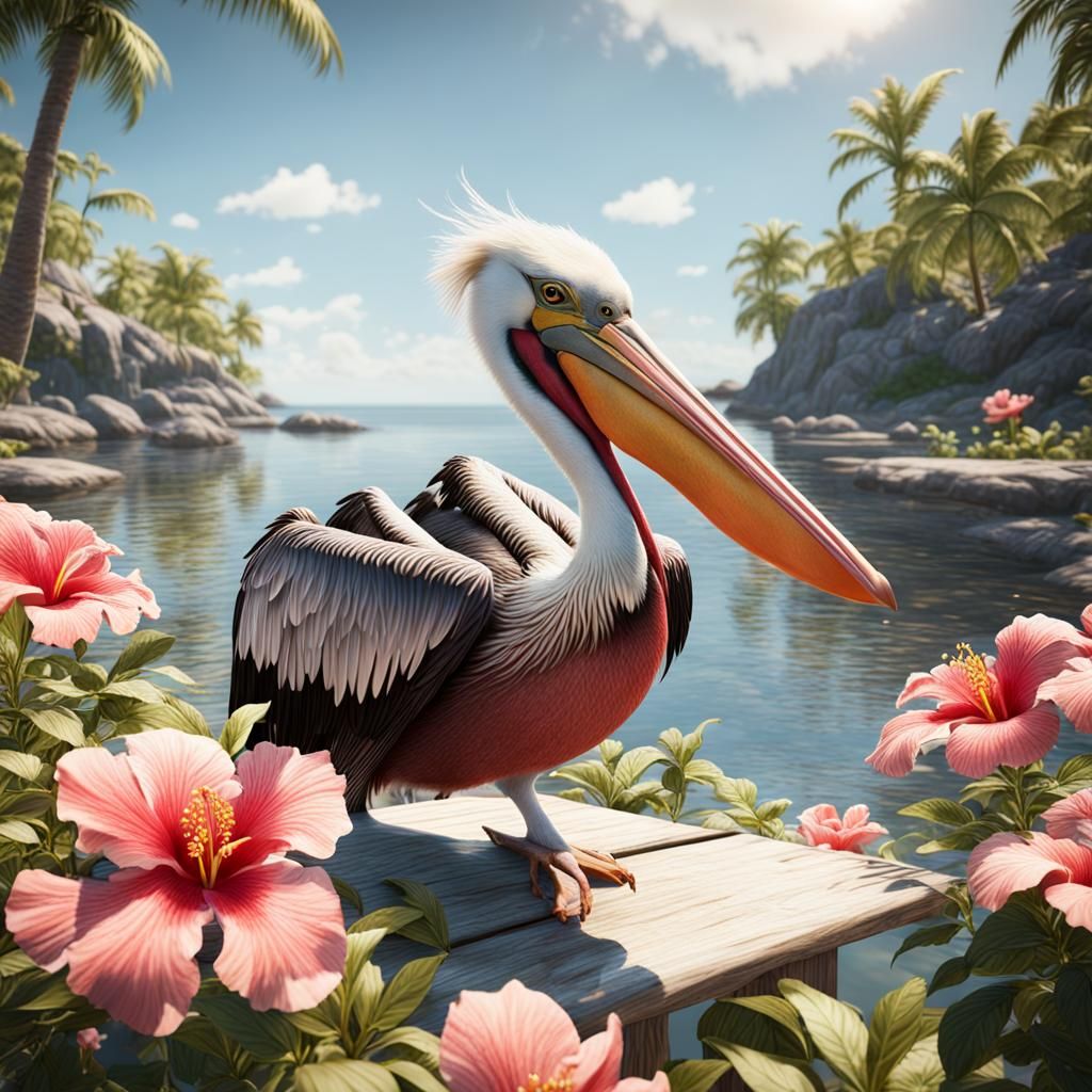 Pelican and Hibiscus Flowers in Hyper-Realistic Style