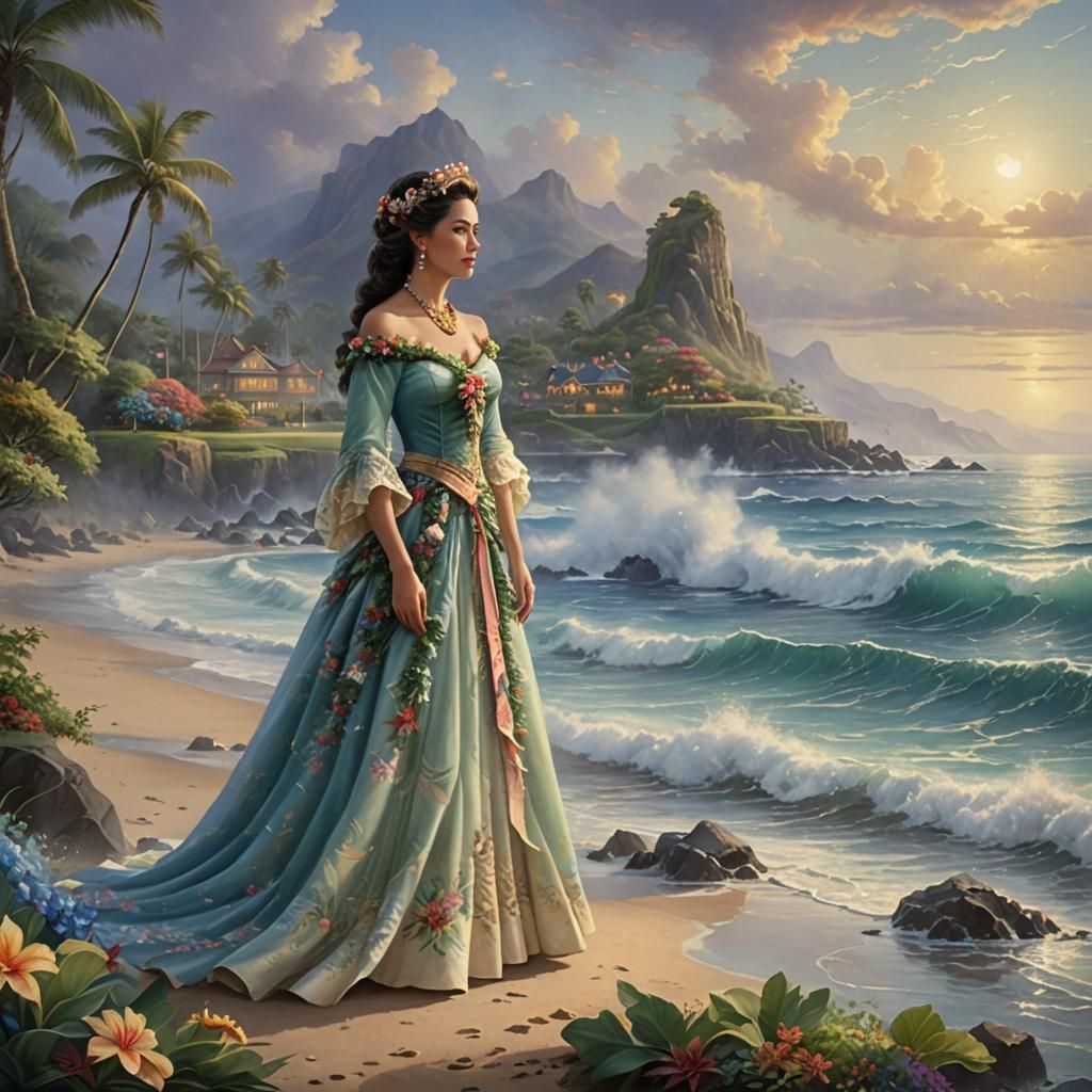 Queen of Hawaii in Traditional Dress by Sea