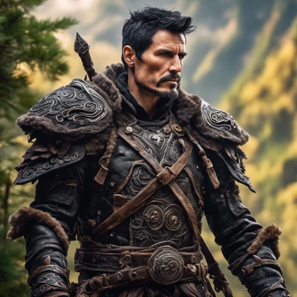 Hyperreal Older Warrior in Mountainous Landscape