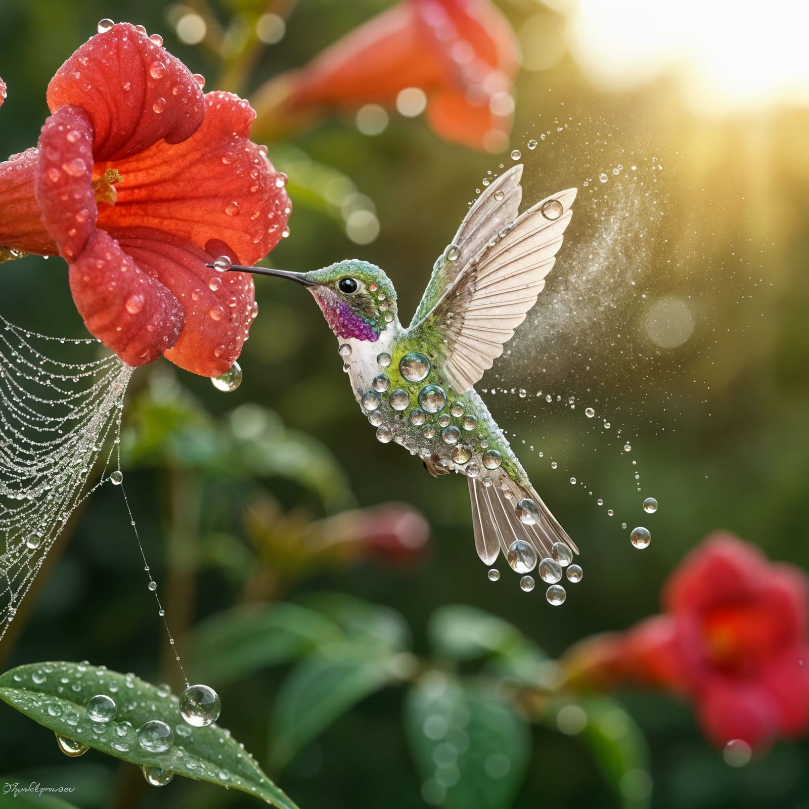 Crystal Dewdrop Hummingbird Before Trumpet Flower