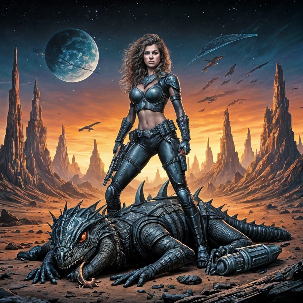 Strong Female Warrior Triumphs Over Defeated Alien Lizard in...