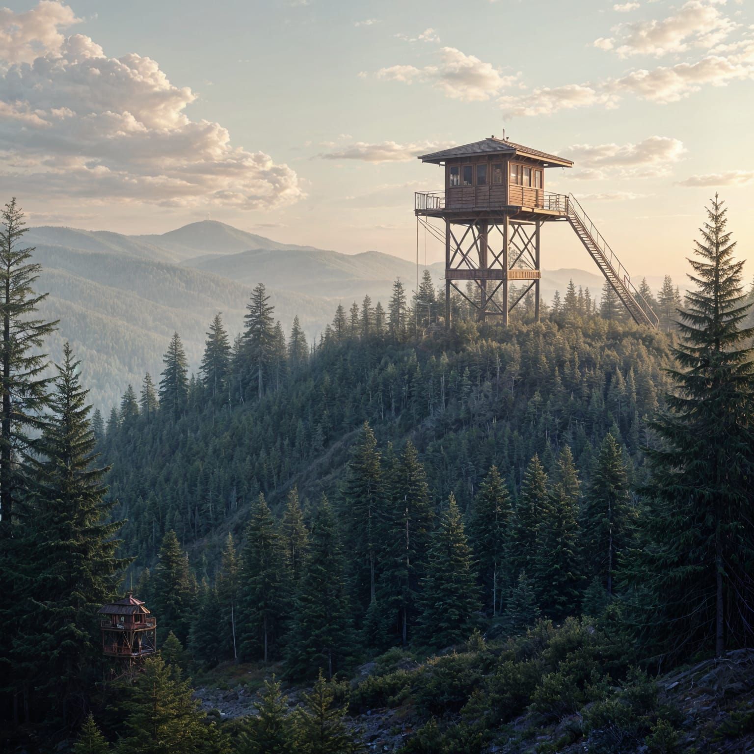 Hyperrealistic 1980s Fire Watch Tower in Fir Forest