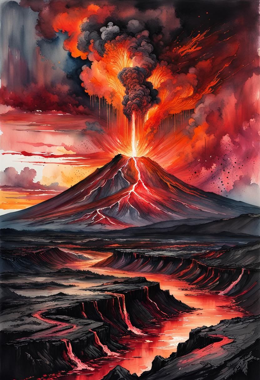 Volcanic Eruption in Watercolor Inkpunk Style