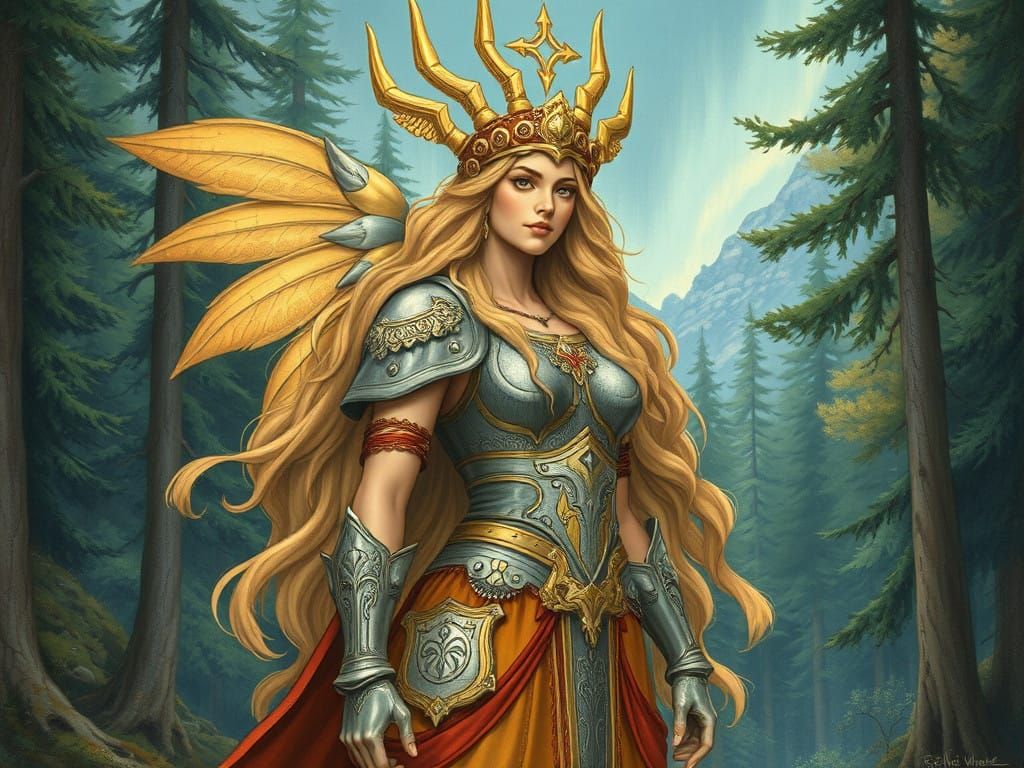 Norse Goddess Freya Amidst Whimsical Forest Landscape