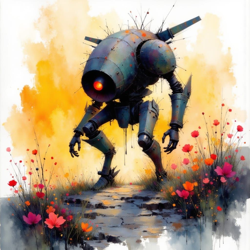 Anime Mecha Robot Sunset: Vibrant Watercolor Charcoal Sketch