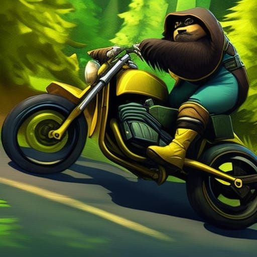 Sloth on Motorcycle Through Forest in Painterly Style