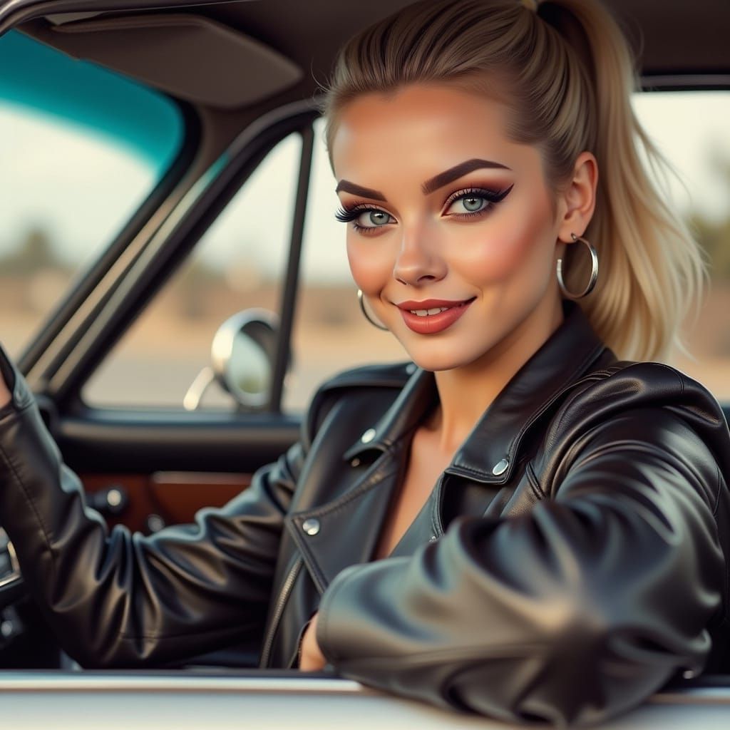 Blonde Woman Driving Porsche in Cinematic Realism Style