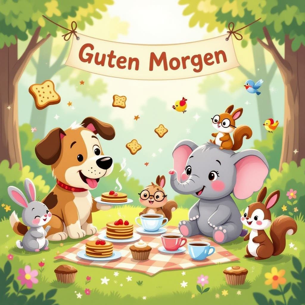 Whimsical Cartoon Morning Scene with Animal Friends