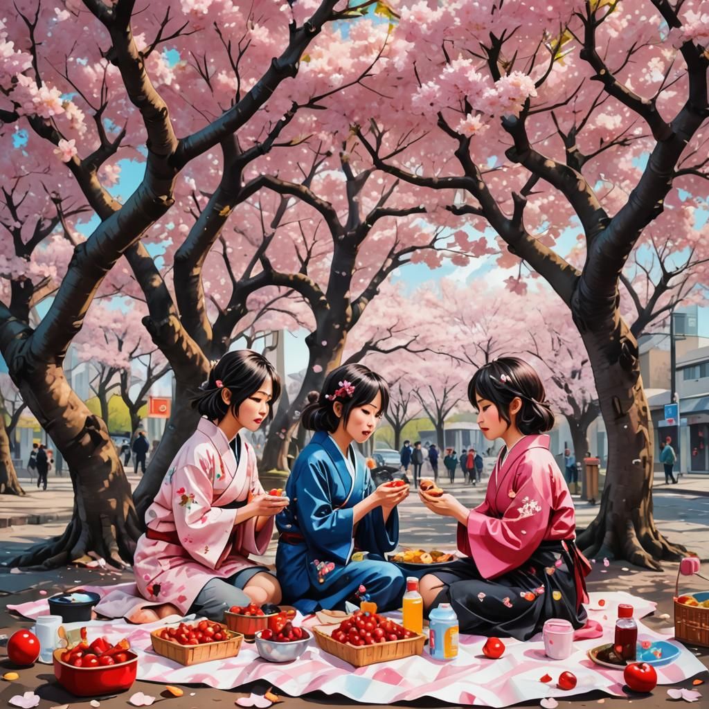 Chibi Japanese Women's Cherry Blossom Picnic: Graffiti Art